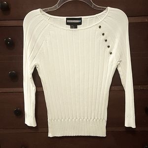 White Ribbed Requirements Sweater with Buttons 3/4 Sleeves